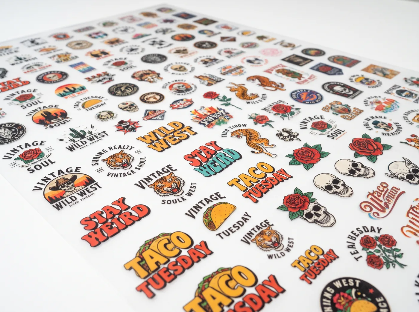 Une feuille gang DTF remplie de nombreux designs colorés